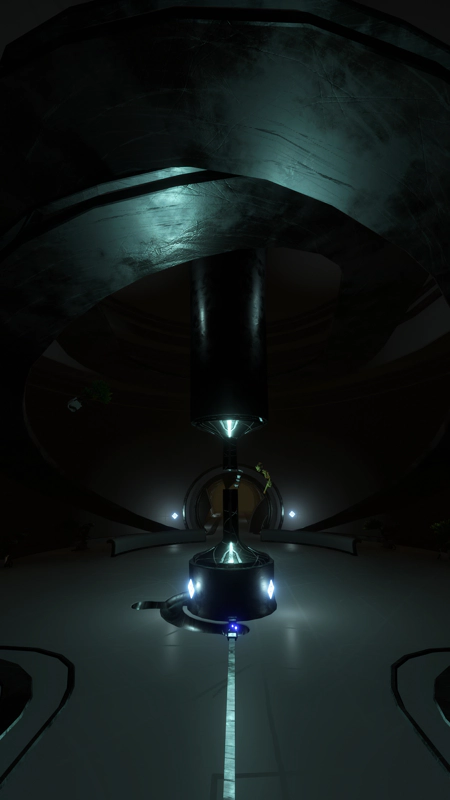 An alien control room. Power cables glow in the floor, and a warp core floats shattered beside a central column and a decayed alien skeleton.