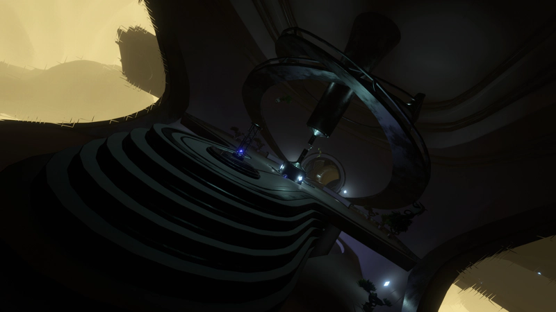 An alien control room. Curving gantries lead to an upper level, and glass viewports show the pale fog that surrounds the vessel.