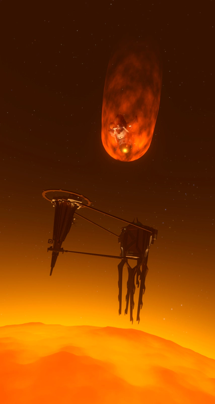 A space station in close solar orbit. The Hearthian spaceship glows red as it descends vertically towards the sun.