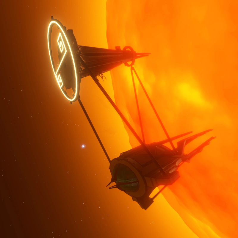 A space station in close solar orbit. The station is in two parts, one decorated with a paired spiral pattern, the other a jagged trident pointing towards the sun.