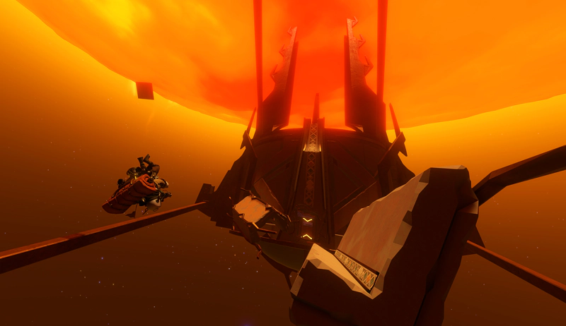 An astronaut, upside-down, navigating the shattered path between the two sections of the solar space station.