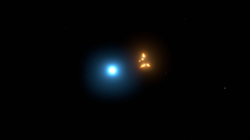 The Hearthian space ship fires all thrusters, appearing like an orange moth against the dark as the sun explodes into a blue orb.