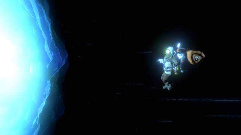 An astronaut, lit brilliant blue by the onrushing wave of supernova.