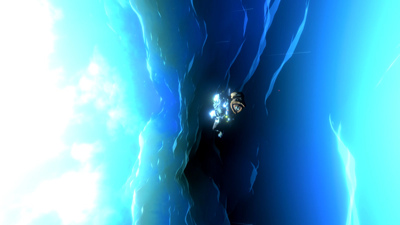 An astronaut, hanging vertically in a patch of darkness between two waves of supernova light.