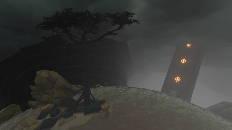 An alien shrine on a tiny moon. There's a foot of water everywhere, and a tornado roars to one side.