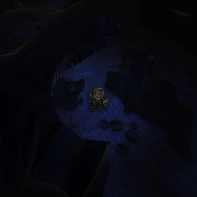 An alien in a spacesuit, looking alone against swirled blue-purple rock.