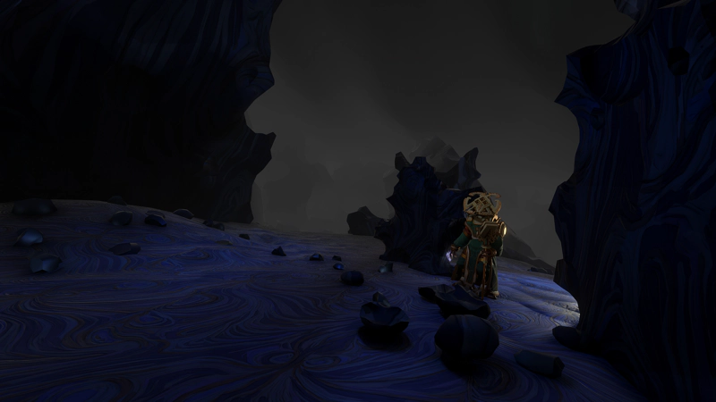 An alien in a space suit, looking to the sky. Her surroundings are jagged and blue, and there's a white light shining from behind her.