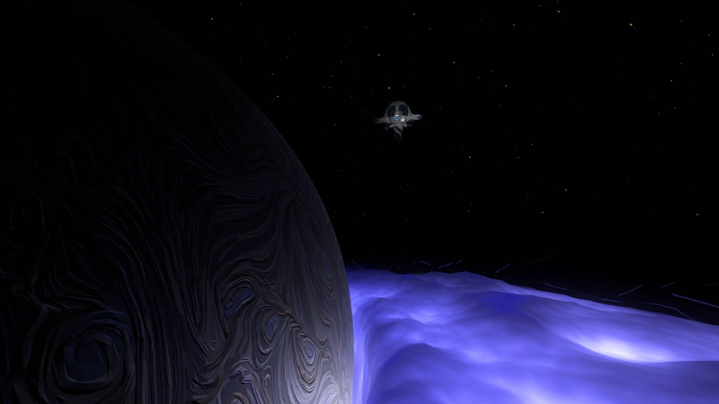 A vast swirled grey sphere on a sea of purple clouds. An alien vessel floats in space, tiny against its immensity.