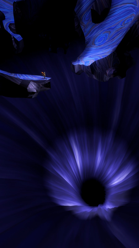 An astronaut stands on a delicate curl of whorled purple rock, above an infinite vortex of blue.