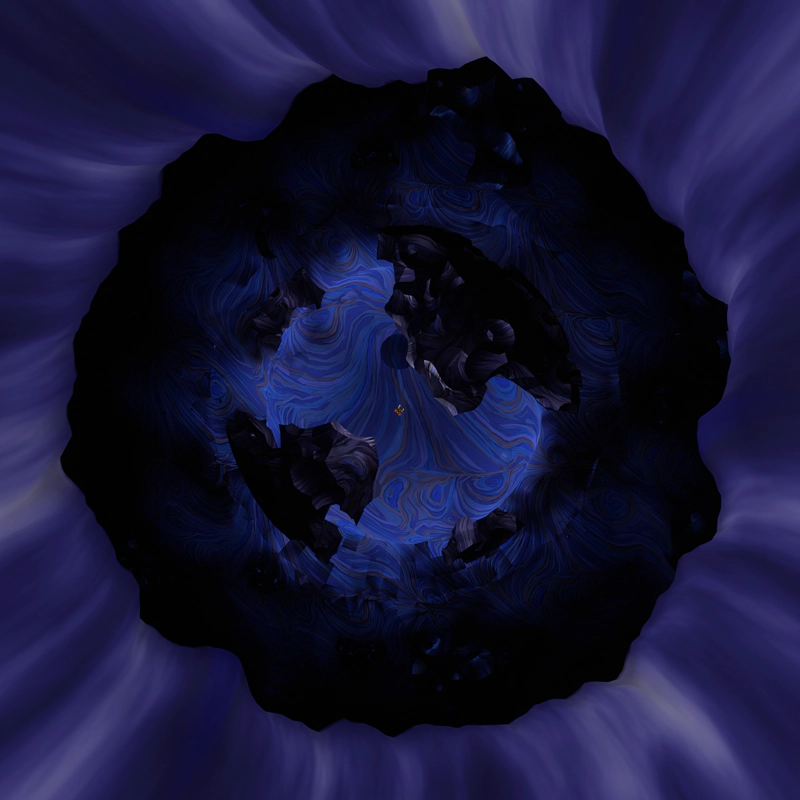 A view from within the vortex, looking up at a speck of astronaut stepping out over the abyss.