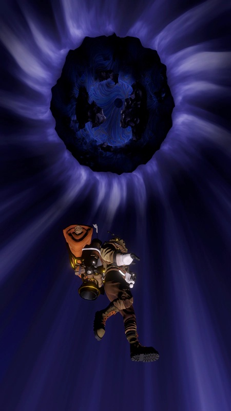 The astronaut leaps feet-first into the vortex. High above, the rocks they fell from form intricate patterns.