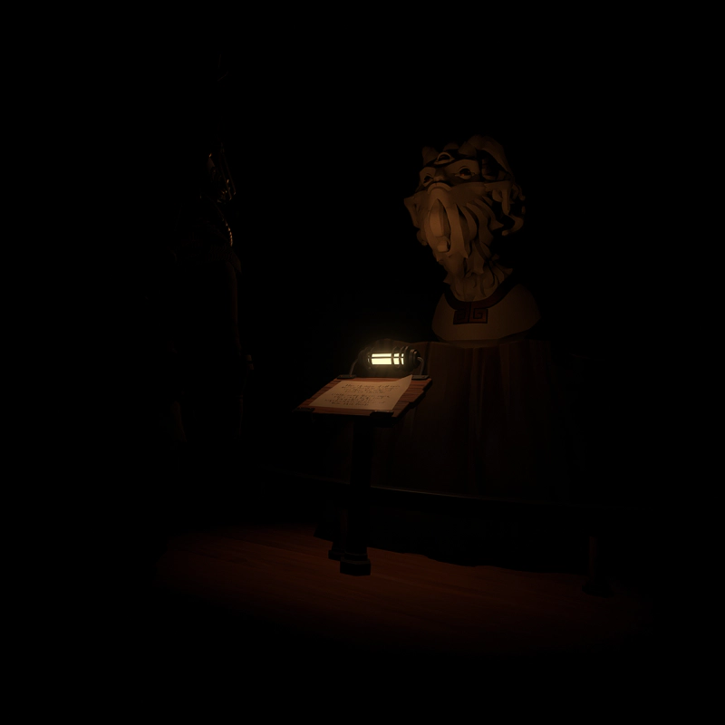 A dimly-lit museum. A stone statue of a three-eyed alien looms in the dark, behind a lectern with exhibit notes on it.