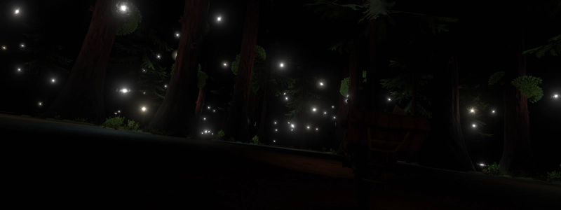 A glade of pine trees. Galaxies hang in the air like fireflies, drifting apart into nothingness.