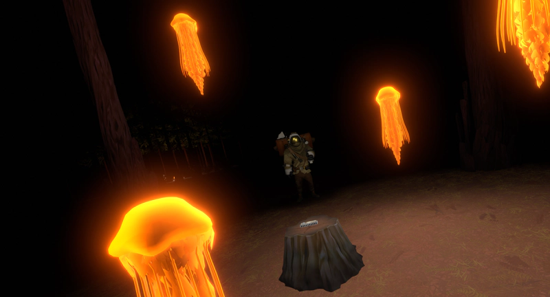 An astronaut peers up at a cluster of tiny jellyfish. A harmonica lies on a tree-stump below.
