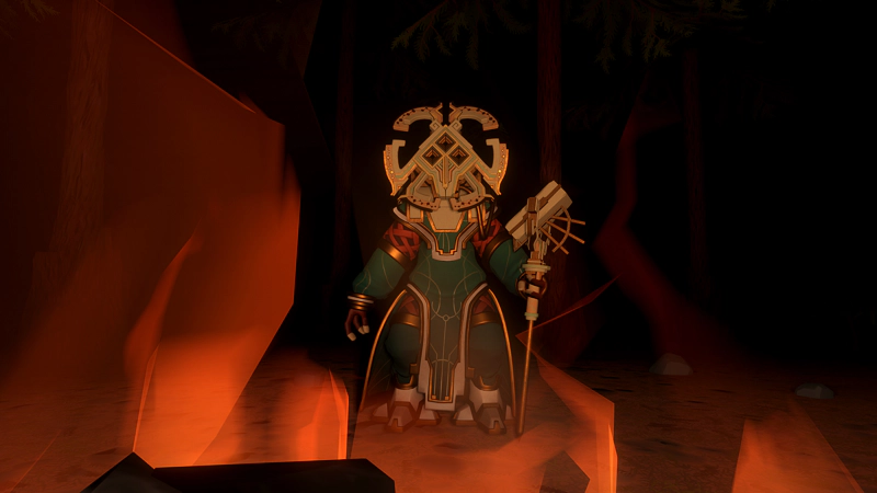An alien in a space suit, carrying a staff. The foreground is abstract fire.