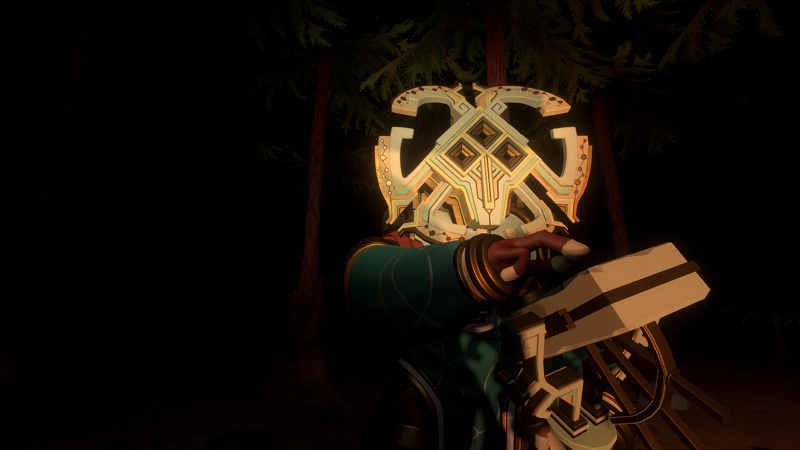 An alien in a space suit, playing her staff like a musical instrument.