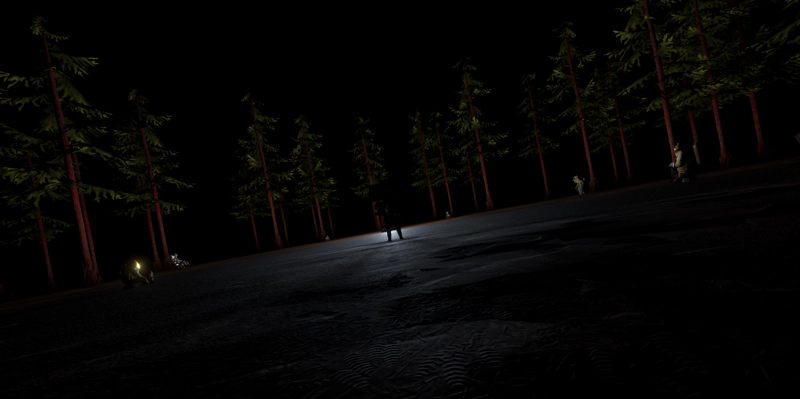 An astronaut, silhouetted against a white light, as the other astronauts and pine trees rush away from them.