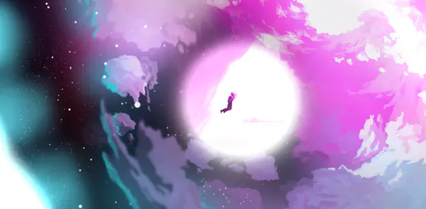An astronaut floats in space amidst vivid pink clouds before a gleaming white portal. An arc of stars curves across the left hand side of the scene.