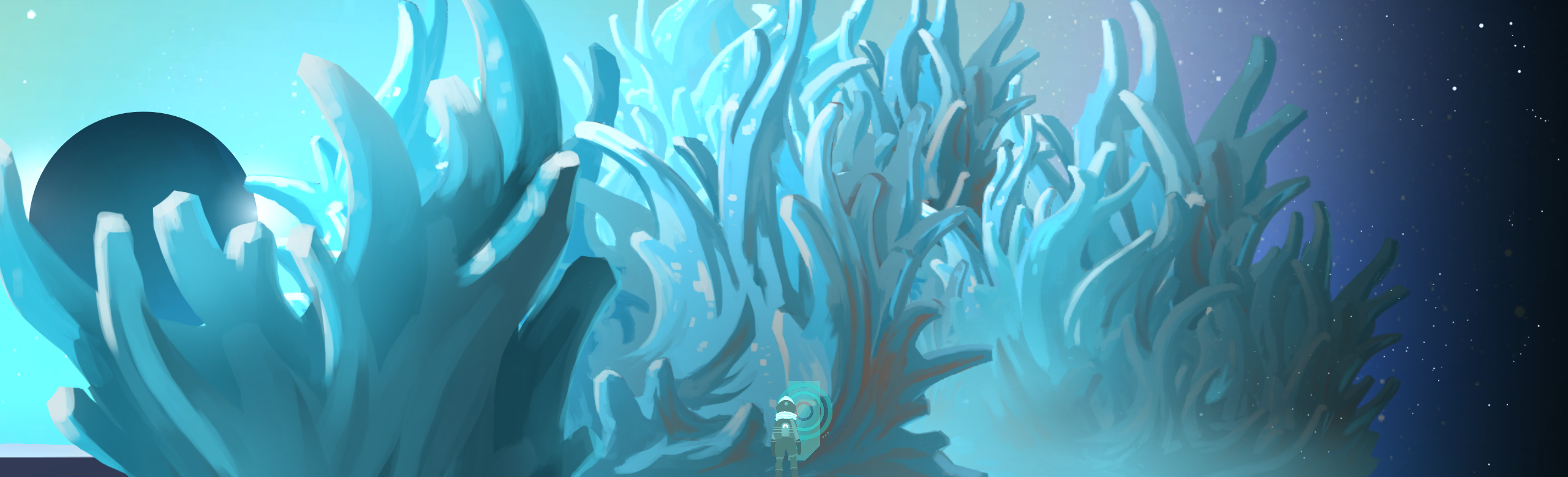 An astronaut stands on a distant world, in front of a vast sculpture of curving ice angels, reaching up like frozen flames towards the stars.
