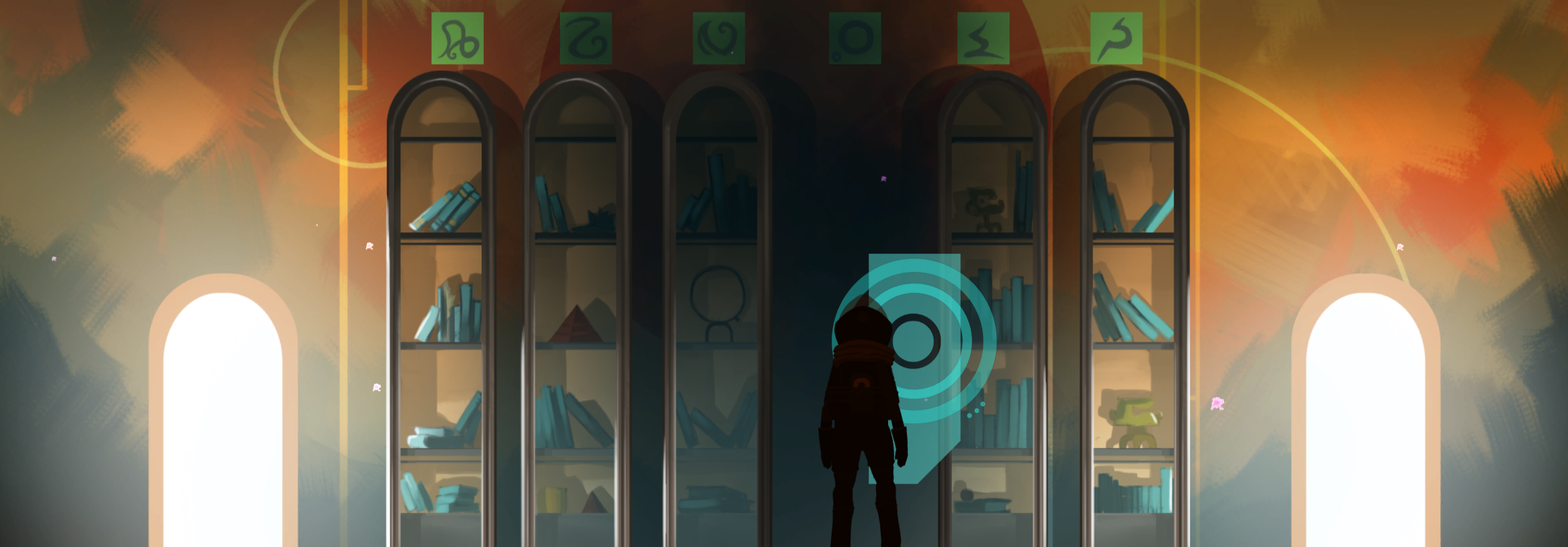An astronaut in a dark space suit standing in an interior chamber, in front of five arched shelving units. Most of the shelves are stacked haphazardly with books, and the rest appear to contain small sculptures or golden tools.