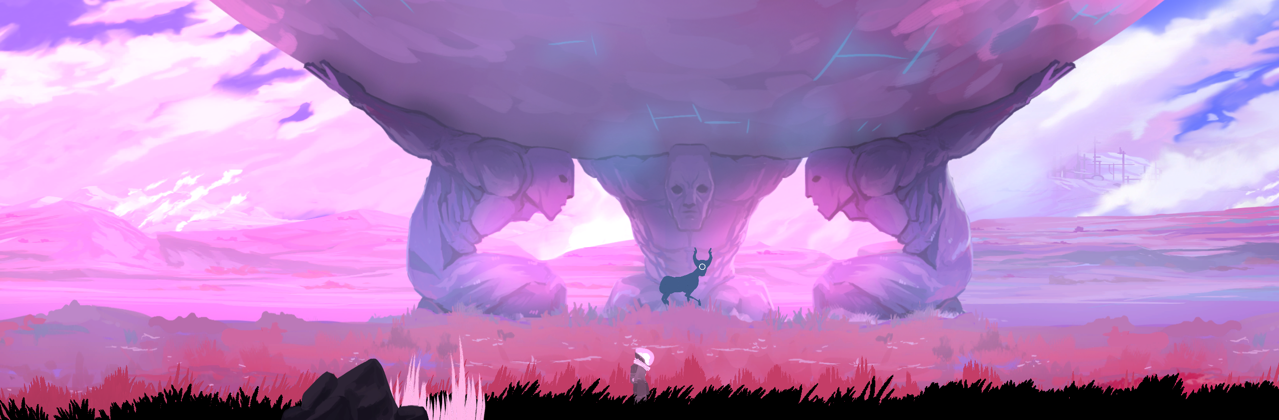 A grassland in shades of bright pink, roamed by single-eyed deer. Three stone colossi are crouched beneath the weight of a vast boulder held upon their backs.